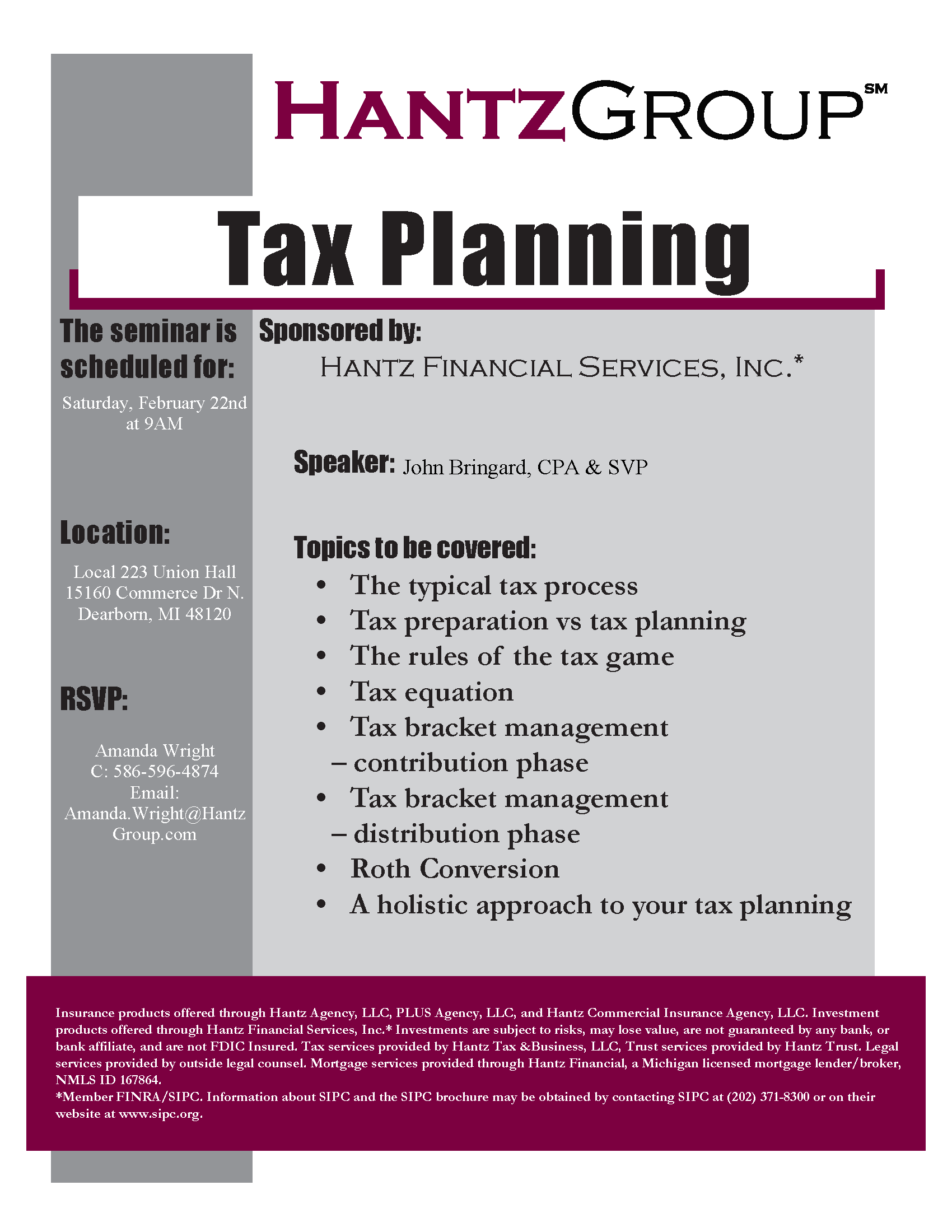 Tax planning seminar flyer with event details.